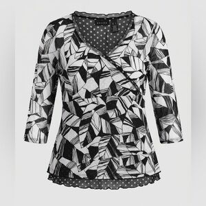 Axcess Black & White Geometric and Polka Dot Wrap-Style Blouse with Ruffle Trim